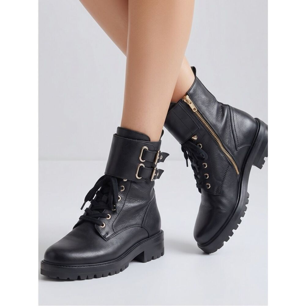 VERSACE COLLECTION | Black & Gold Double Buckle Combat Moto Boots Women’s 37 (7)